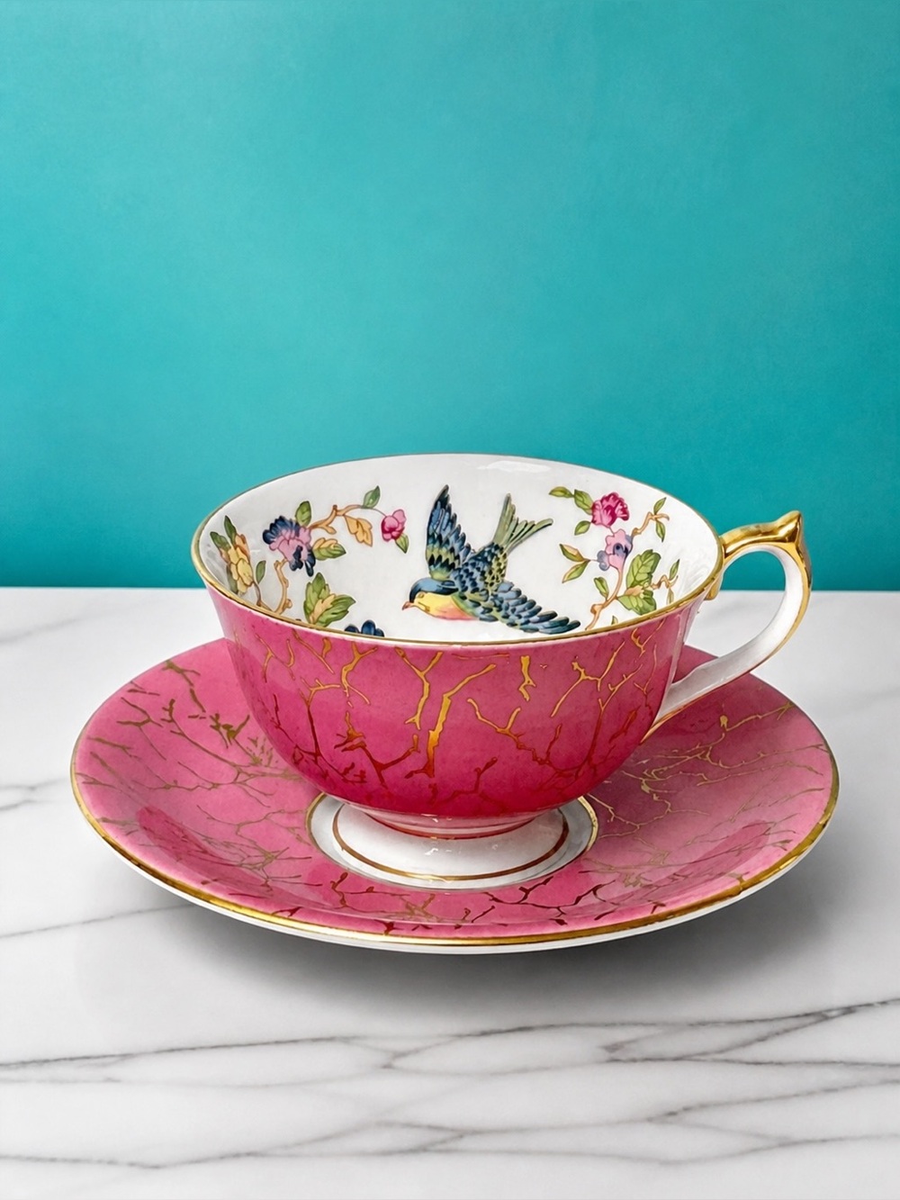 Vintage Aynsley Bluebird in Jacobean Floral Pink Tea Cup and Saucer